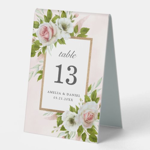 Elegant Pink White Watercolor Roses Wedding Number Table Tent Sign
