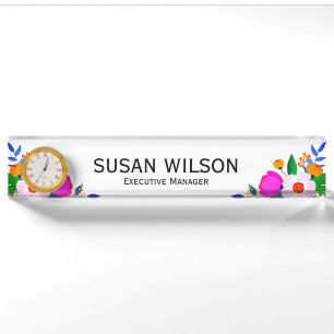 Elegant Pink White Yellow Flower Executive Manager Desk Name Plate