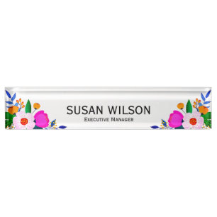 Elegant Pink White Yellow Flower Executive Manager Desk Name Plate