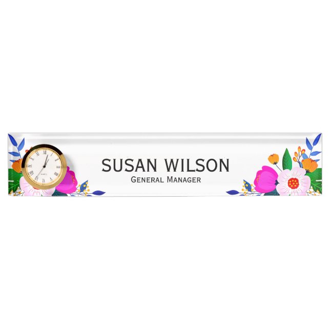 Elegant Pink White Yellow Flower General Manager Desk Name Plate (Front)