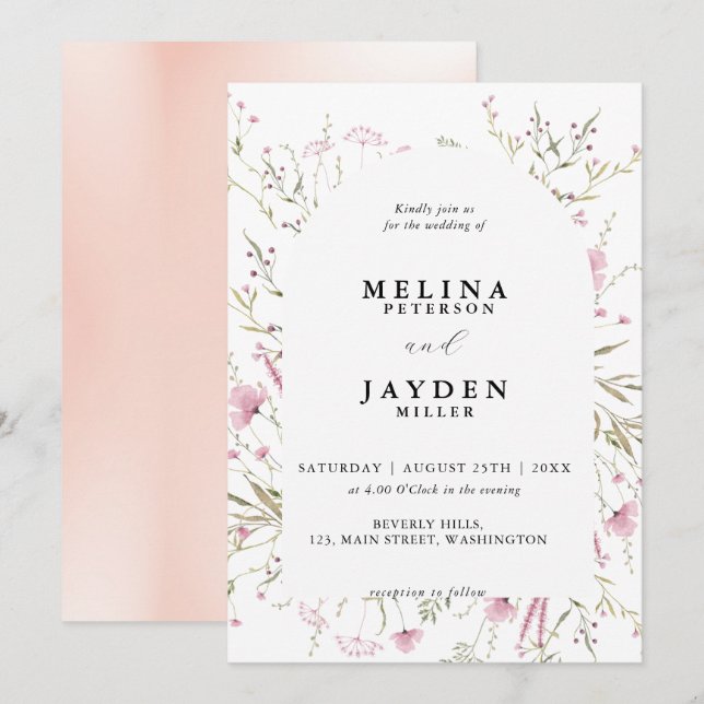 Elegant Pink Wild Floral Arch Wedding  Invitation (Front/Back)