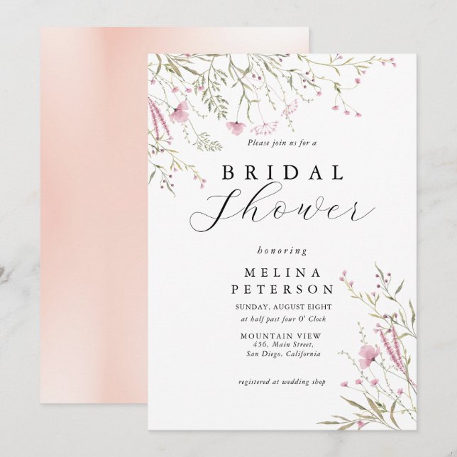 Elegant Pink Wild Floral Bridal Shower  Invitation (Front/Back)