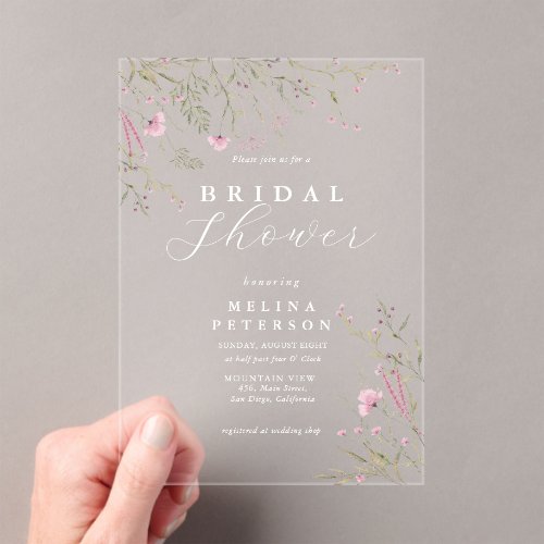 Elegant Pink Wild Floral Wedding Acrylic Invitations