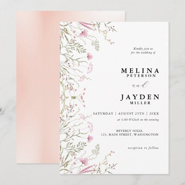 Elegant Pink Wild Floral Wedding Invitation (Front/Back)