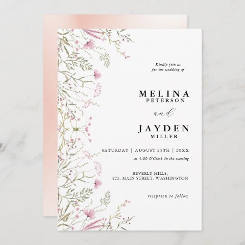 Elegant Pink Wild Floral Wedding Invitation