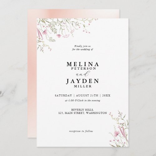 Elegant Pink Wild Floral Wedding Invitation