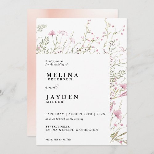 Elegant Pink Wild Floral Wedding  Invitation