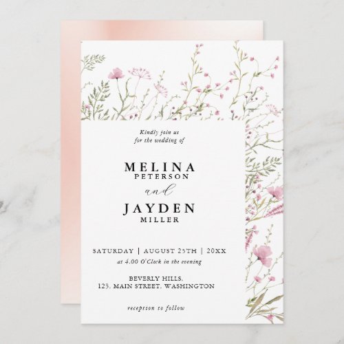 Elegant Pink Wild Floral Wedding  Invitation