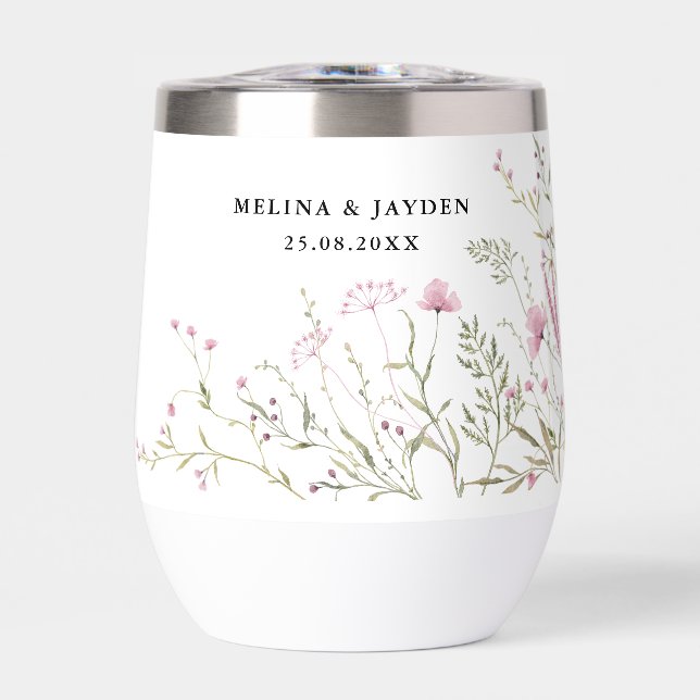 Elegant Pink Wild Floral Wedding  Thermal Wine Tumbler (Front)