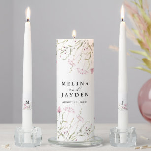 Elegant Pink Wild Floral Wedding  Unity Candle Set