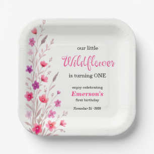 Elegant Pink Wildflower 1st Birthday Party Paper Plates