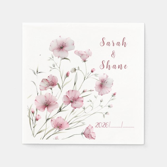Elegant Pink Wildflower Botanical  Wedding Napkins (Front)