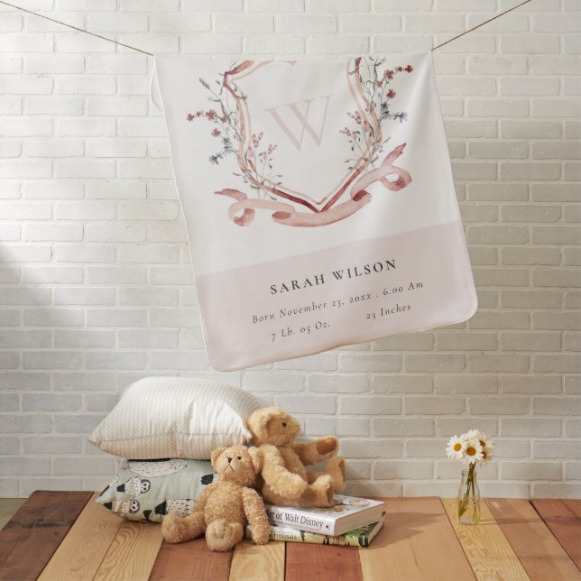 Elegant Pink Wildflower Crest Monogram Birth Stat Baby Blanket (In Situ)