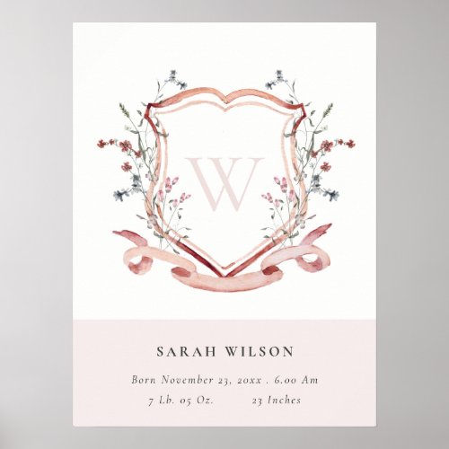 Elegant Pink Wildflower Crest Monogram Birth Stat Poster