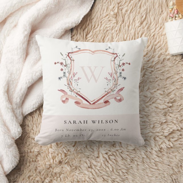 Elegant Pink Wildflower Crest Monogram Birth Stat Throw Pillow (Blanket)