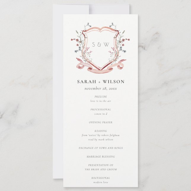 Elegant Pink Wildflower Crest Wedding Program (Front)