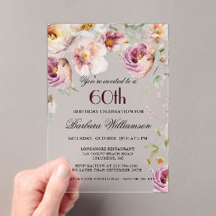 Elegant Pink Wildflower Floral 60th Birthday Party Acrylic Invitations