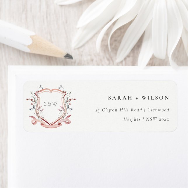Elegant Pink Wildflower Monogram Crest Address Label (Insitu)