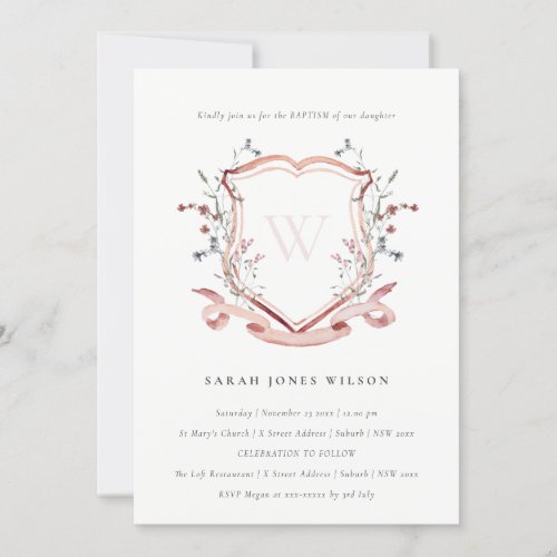 Elegant Pink Wildflower Monogram Crest Baptism Invitation