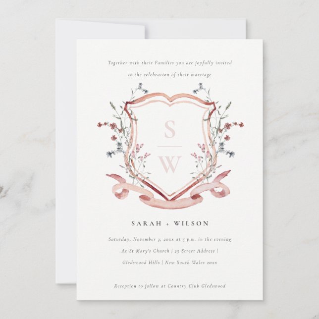 Elegant Pink Wildflower Monogram Crest Wedding Invitation (Front)