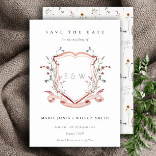 Elegant Pink Wildflower Monogram Watercolor Crest Save The Date