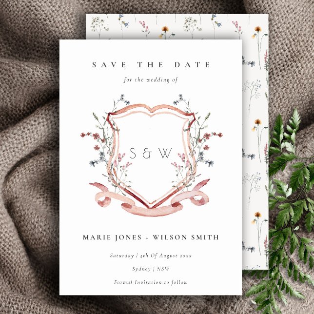 Elegant Pink Wildflower Monogram Watercolor Crest Save The Date (Creator Uploaded)