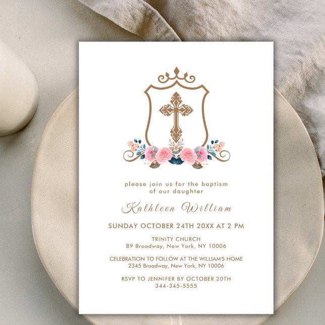 Elegant Pink Wildflower Rose Cross Crest Baptism  Invitation (Elegant Pink Wildflower Rose Cross Crest Baptism Invitation)