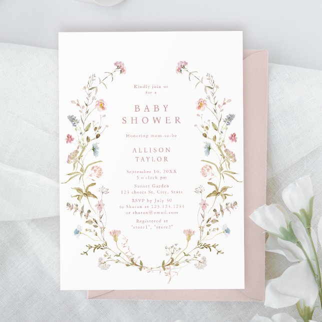 Elegant Pink Wildflower Rustic Boho Baby Shower Invitation (Elegant Pink Wildflower Rustic Boho Baby Shower Invitation)