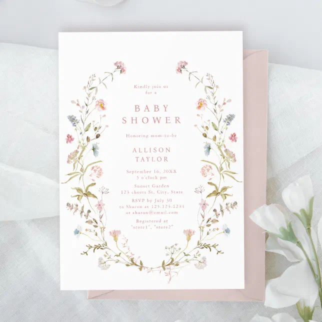 Elegant Pink Wildflower Rustic Boho Baby Shower Invitation | Zazzle