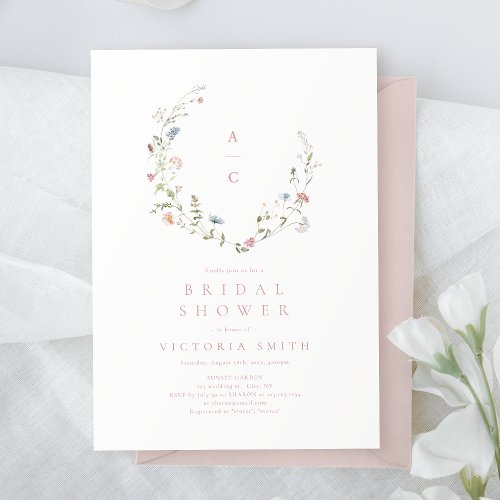 Elegant Pink Wildflower Rustic Boho Bridal Shower  Invitation