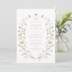 Elegant Pink Wildflower Rustic Boho Graduation Invitation