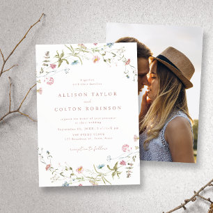 Elegant Pink Wildflower Rustic Boho Wedding Photo Invitation