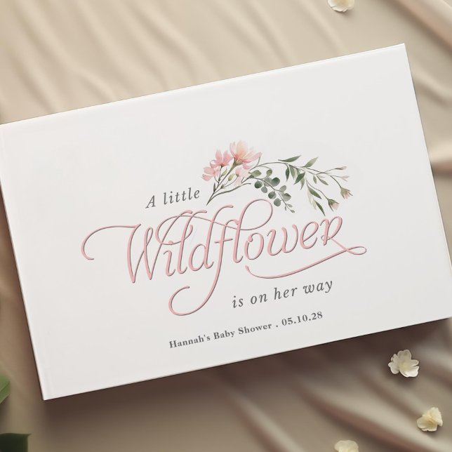 Elegant pink wildflower, simple baby girl shower  guest book (Simple elegant calligraphy, little wildflower themed baby girl shower guest book.)