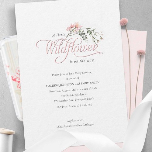 Elegant pink wildflower simple Baby Girl Shower Invitation