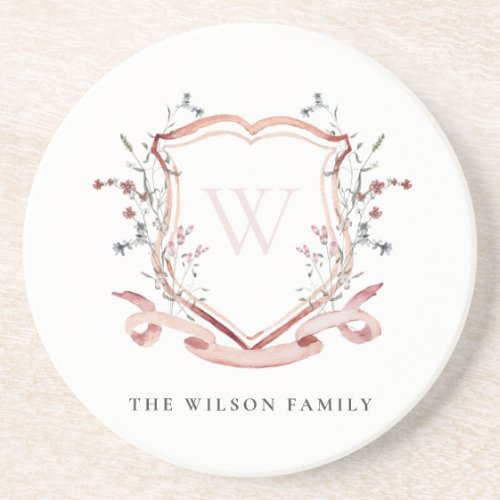 Elegant Pink Wildflower Watercolor Crest Monogram Coaster