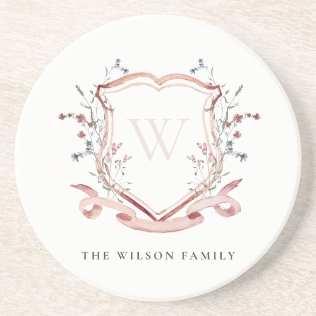Elegant Pink Wildflower Watercolor Crest Monogram Coaster (Front)