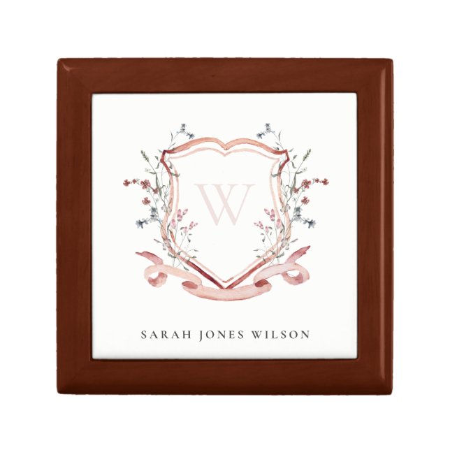 Elegant Pink Wildflower Watercolor Crest Monogram Gift Box (Front)