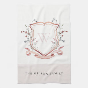 Elegant Pink Wildflower Watercolor Crest Monogram Kitchen Towel