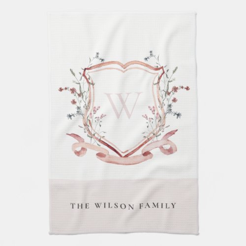 Elegant Pink Wildflower Watercolor Crest Monogram  Kitchen Towel