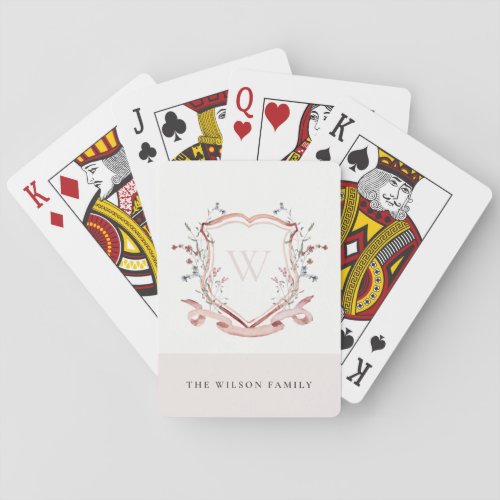 Elegant Pink Wildflower Watercolor Crest Monogram Poker Cards