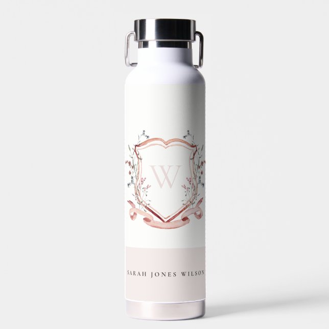 Elegant Pink Wildflower Watercolor Crest Monogram Water Bottle (Front)
