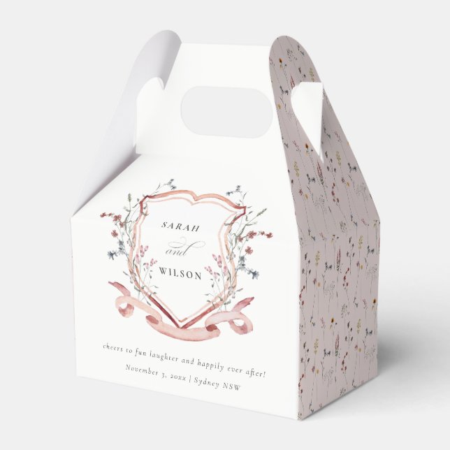 Elegant Pink Wildflower Watercolor Crest Wedding Favor Boxes (Front Side)