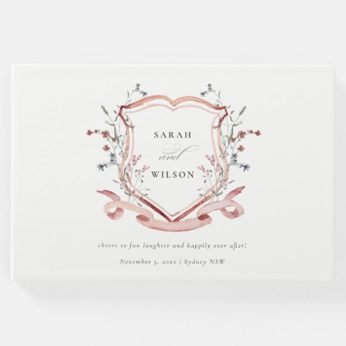 Elegant Pink Wildflower Watercolor Crest Wedding Guest Book