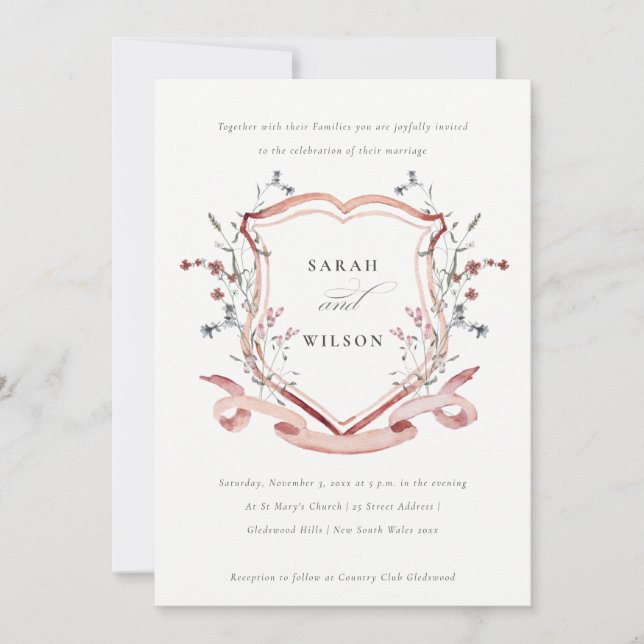 Elegant Pink Wildflower Watercolor Crest Wedding Invitation (Front)