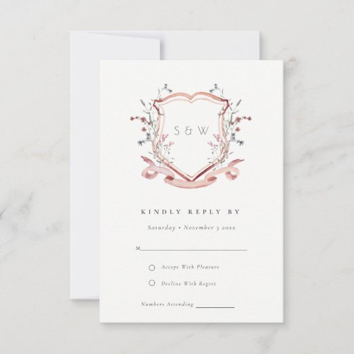 Elegant Pink Wildflower Watercolor Crest Wedding RSVP Card