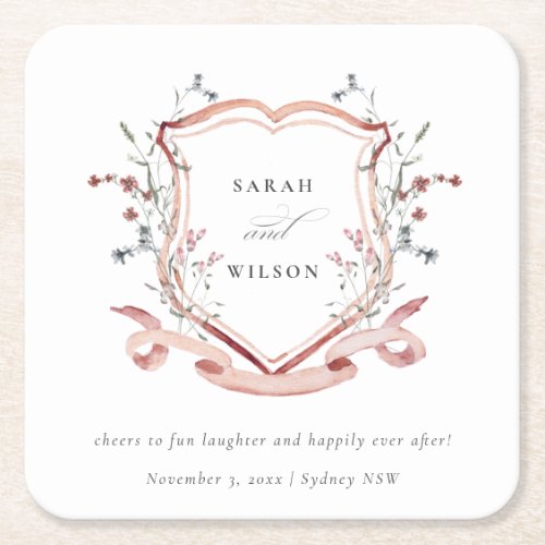 Elegant Pink Wildflower Watercolor Crest Wedding Square Paper Coaster