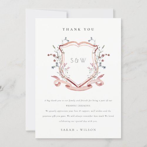 Elegant Pink Wildflower Watercolor Crest Wedding Thank You Card