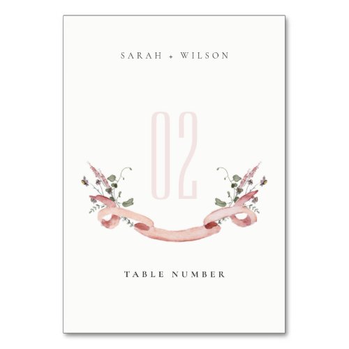 Elegant Pink Wildflower Watercolor Ribbon Wedding Table Number