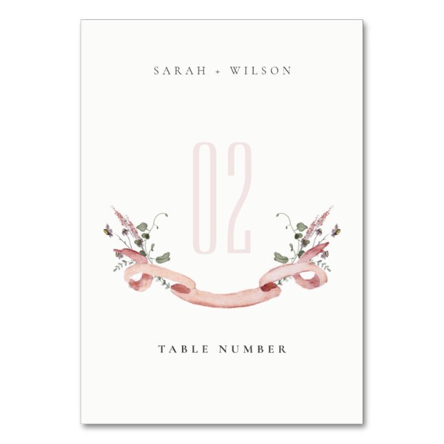 Elegant Pink Wildflower Watercolor Ribbon Wedding Table Number (Front)