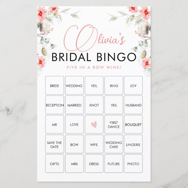 Elegant Pink Wildflowers Bingo Game Card (Front)